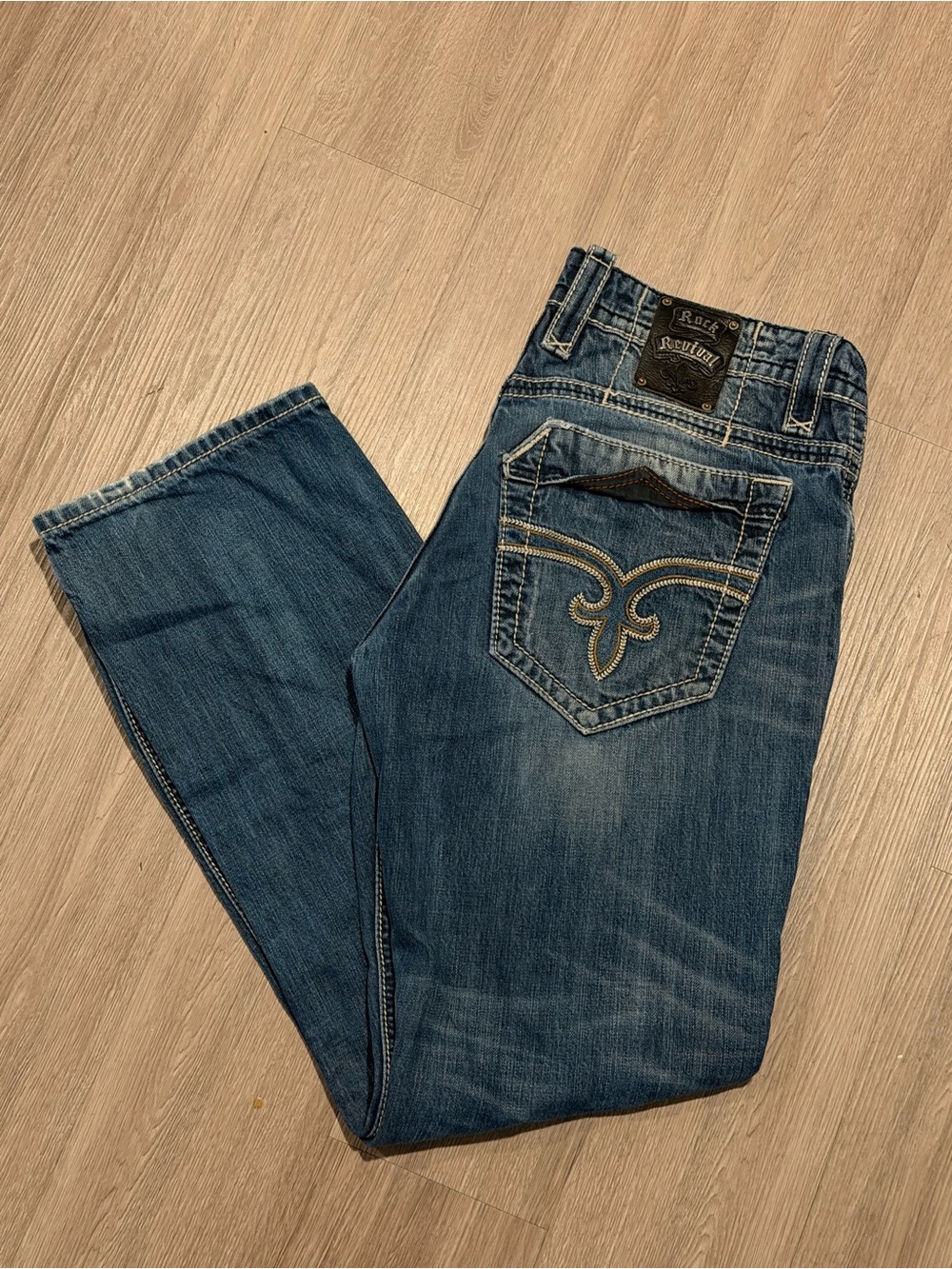 Rock Revival Jeans Straight Dark Wash Blue Embroidered Y2K Sz 34 Men’s